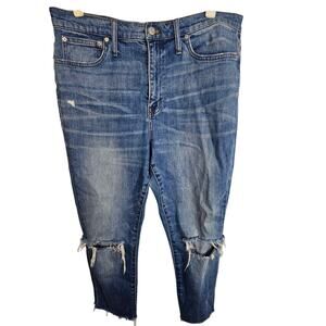 Madewell Womens The High Rise Slim BoyjeanSz 31 Distressed Stretch Cropped Denim